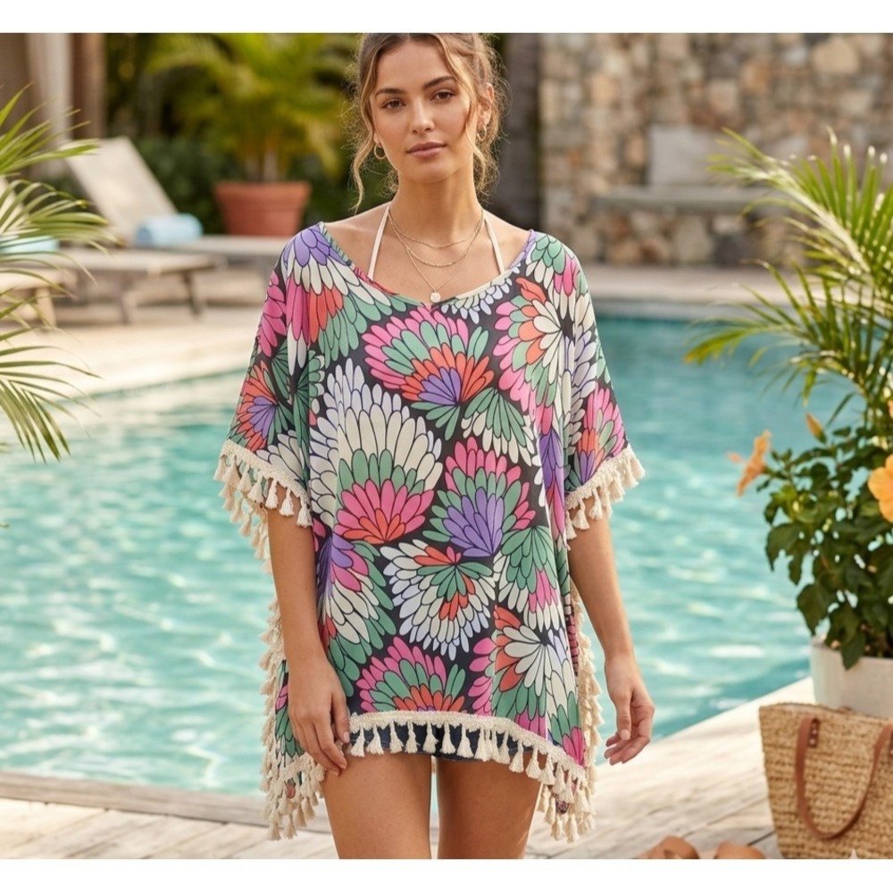 Judith March Tasseled Swim Cover Up Blouse Size Small Beach Bold Floral Colorful